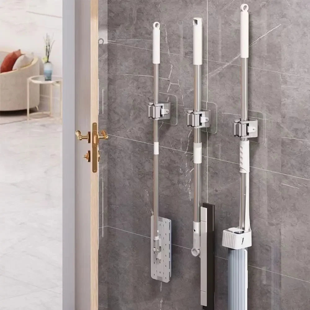 4pcs Wall Mounted Plastic Hanging Mop Storage Rack Punch-Free Clip Hook Space Saving for Broom and Mop Storage