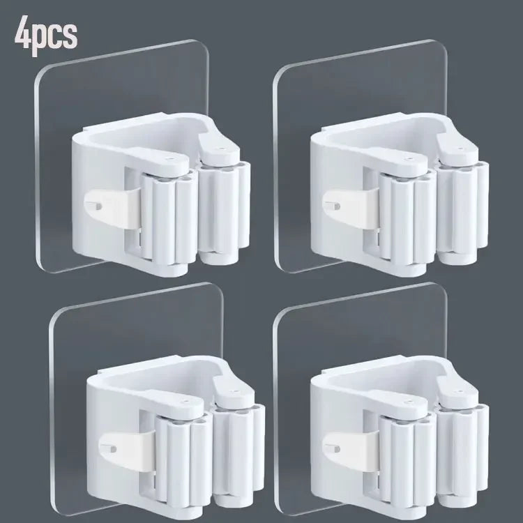 4pcs Wall Mounted Plastic Hanging Mop Storage Rack Punch-Free Clip Hook Space Saving for Broom and Mop Storage