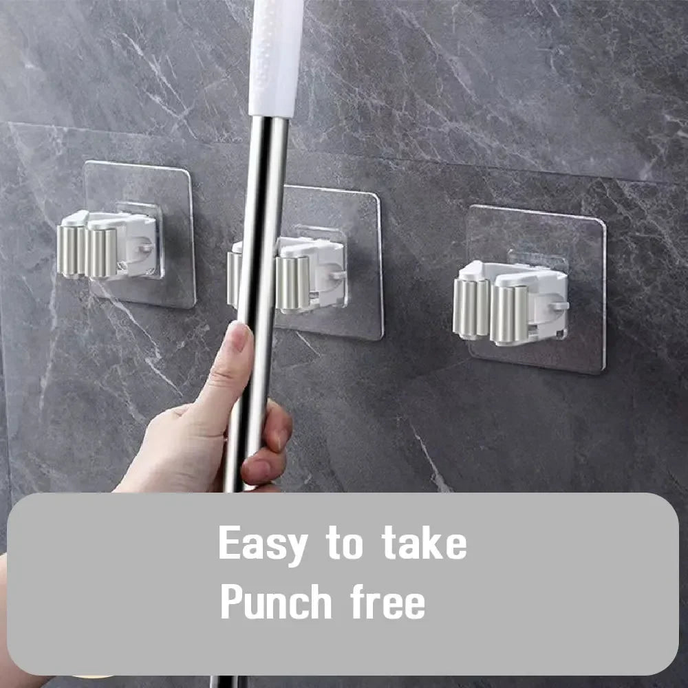 4pcs Wall Mounted Plastic Hanging Mop Storage Rack Punch-Free Clip Hook Space Saving for Broom and Mop Storage