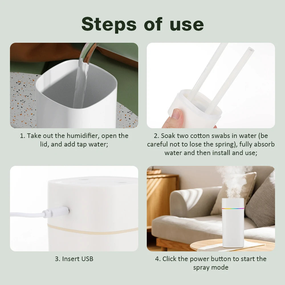 USB Cool Mist Sprayer Portable 600ml Electric Air Humidifier Aroma Oil Diffuser with Colorful Night Light for Home Car