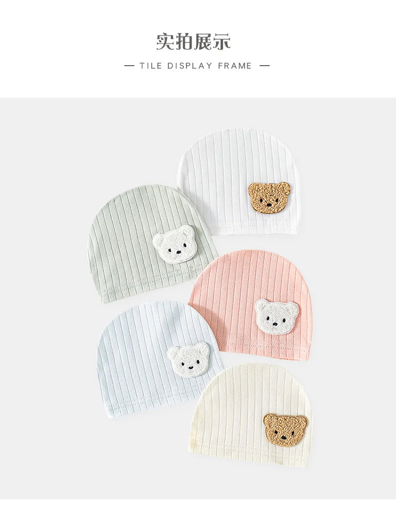 Soft Infant Beanies Caps Baby Hat Cartoon Bear Boneless Muslin Hat Newborn Headwear Windproof Spring Hat 0-3M Baby Hats