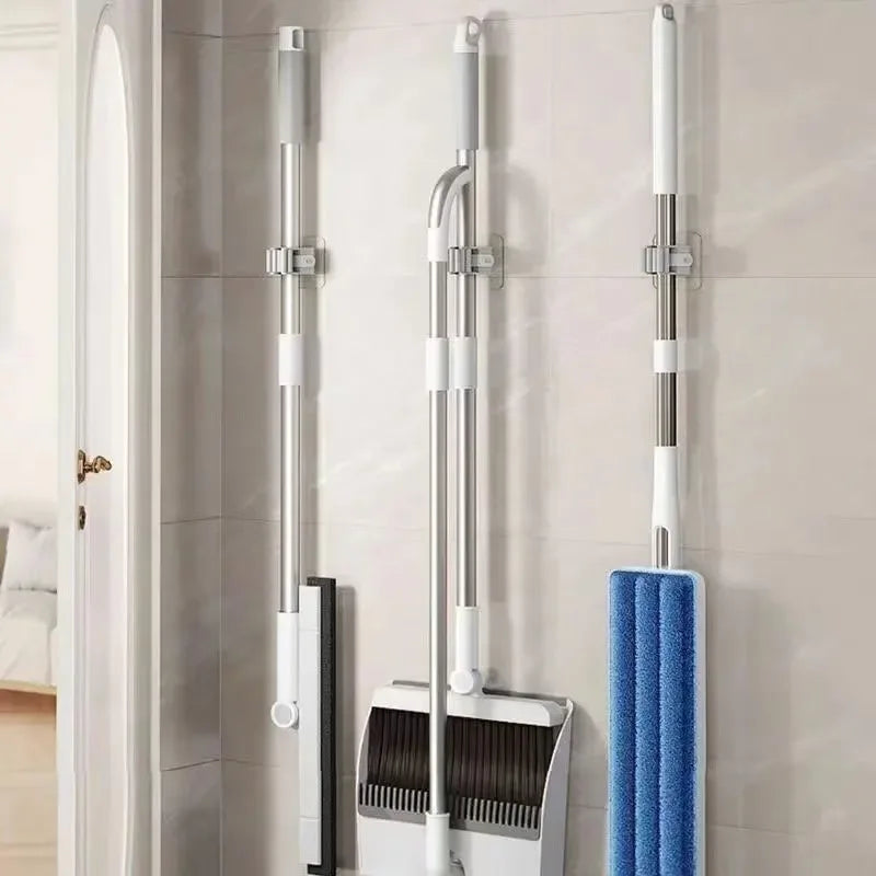 4pcs Wall Mounted Plastic Hanging Mop Storage Rack Punch-Free Clip Hook Space Saving for Broom and Mop Storage