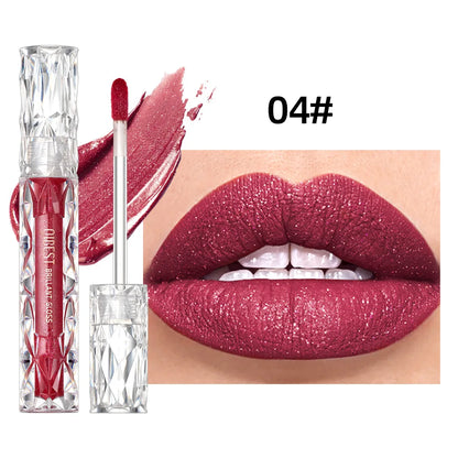 QIBEST Diamond Liquid Lipstick Moisturizing Lasting Purple Sparkling Waterproof Lip Gloss Matte Glitter Lipstick Korean Makeup