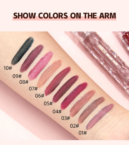 QIBEST Diamond Liquid Lipstick Moisturizing Lasting Purple Sparkling Waterproof Lip Gloss Matte Glitter Lipstick Korean Makeup