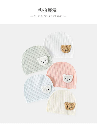 Soft Infant Beanies Caps Baby Hat Cartoon Bear Boneless Muslin Hat Newborn Headwear Windproof Spring Hat 0-3M Baby Hats