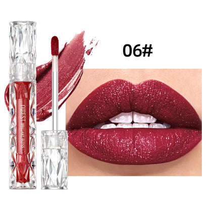 QIBEST Diamond Liquid Lipstick Moisturizing Lasting Purple Sparkling Waterproof Lip Gloss Matte Glitter Lipstick Korean Makeup