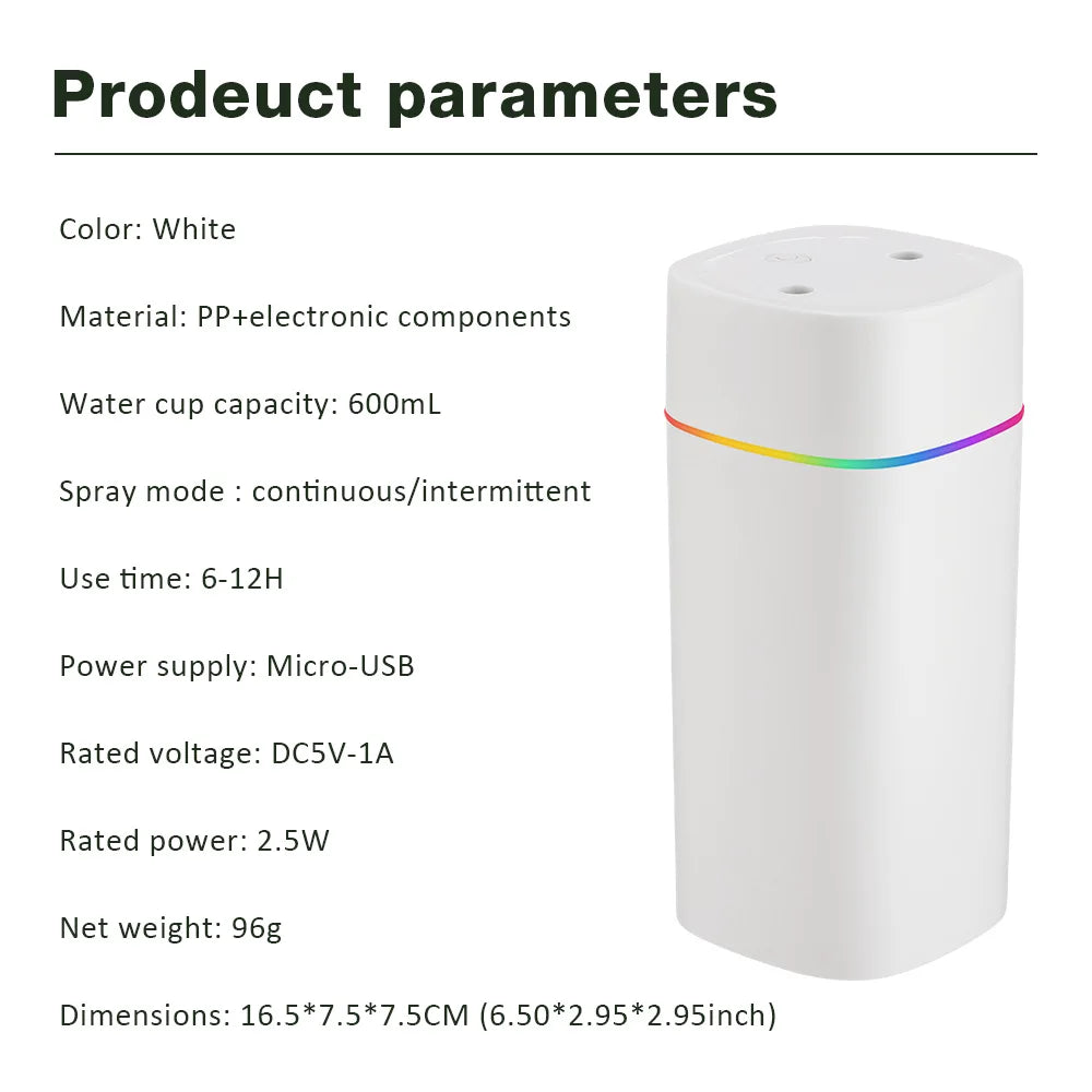 USB Cool Mist Sprayer Portable 600ml Electric Air Humidifier Aroma Oil Diffuser with Colorful Night Light for Home Car
