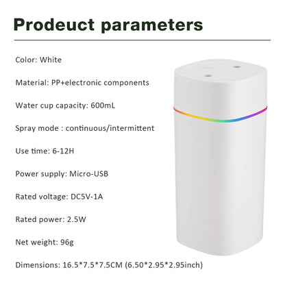 USB Cool Mist Sprayer Portable 600ml Electric Air Humidifier Aroma Oil Diffuser with Colorful Night Light for Home Car