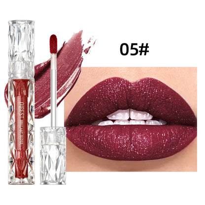 QIBEST Diamond Liquid Lipstick Moisturizing Lasting Purple Sparkling Waterproof Lip Gloss Matte Glitter Lipstick Korean Makeup