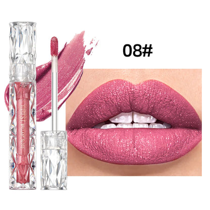 QIBEST Diamond Liquid Lipstick Moisturizing Lasting Purple Sparkling Waterproof Lip Gloss Matte Glitter Lipstick Korean Makeup