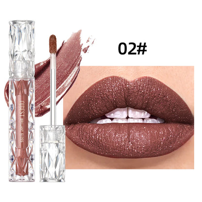 QIBEST Diamond Liquid Lipstick Moisturizing Lasting Purple Sparkling Waterproof Lip Gloss Matte Glitter Lipstick Korean Makeup